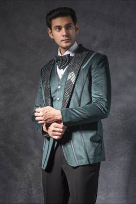 Bottle green zardosi embroidered tuxedo suit on suede fabric 2