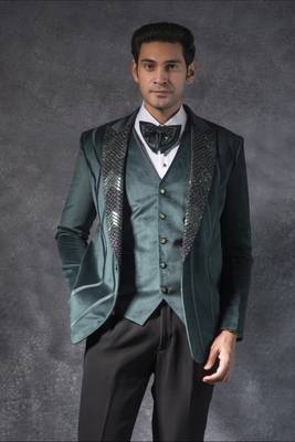 Bottle green zardosi embroidered tuxedo suit on suede fabric 3