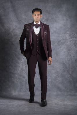 Wine hand embroidered tuxedo suit on italian fabric 1