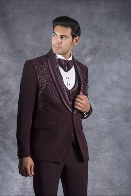 Wine hand embroidered tuxedo suit on italian fabric 2