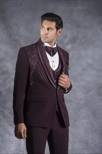 Wine hand embroidered tuxedo suit on italian fabric