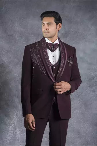 Wine hand embroidered tuxedo suit on italian fabric