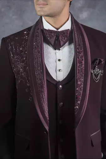 Wine hand embroidered tuxedo suit on italian fabric
