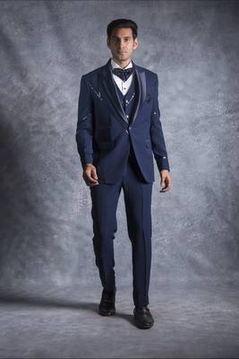 Navy blue tuxedo suit with pintex detailing 1