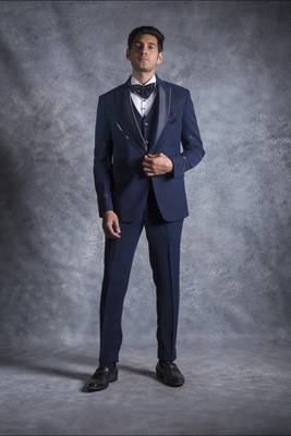 Navy blue tuxedo suit with pintex detailing 2
