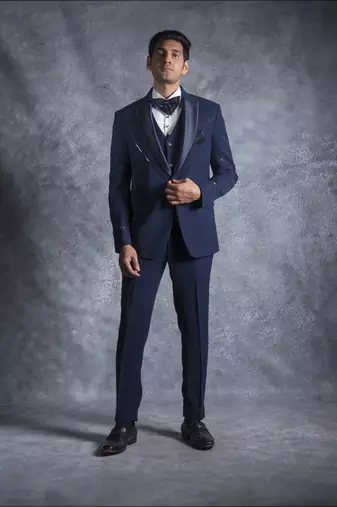 Navy blue tuxedo suit with pintex detailing