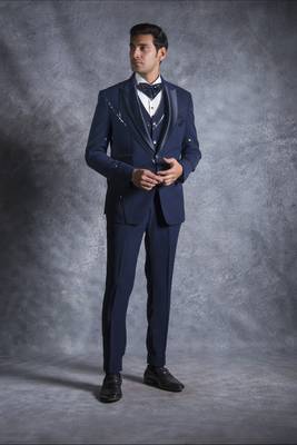 Navy blue tuxedo suit with pintex detailing 3
