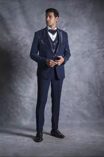 Navy blue tuxedo suit with pintex detailing