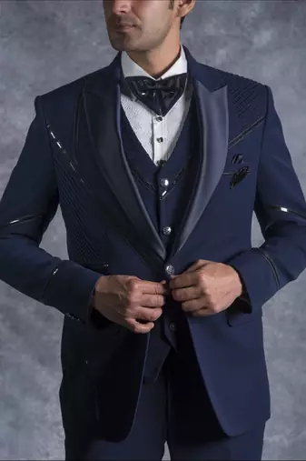 Navy blue tuxedo suit with pintex detailing