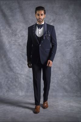 Navy blue tuxedo suit with folded lapel and embroidery 1