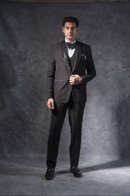Black tuxedo suit with cutdana and pearl embroidery 1
