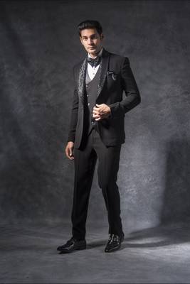 Black tuxedo suit with cutdana and pearl embroidery 2