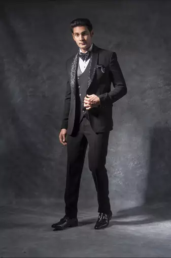 Black tuxedo suit with cutdana and pearl embroidery