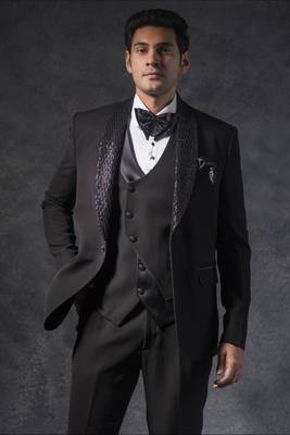 Black tuxedo suit with cutdana and pearl embroidery 3
