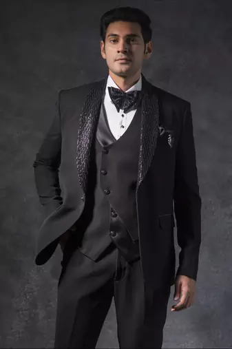 Black tuxedo suit with cutdana and pearl embroidery