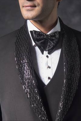Black tuxedo suit with cutdana and pearl embroidery 4
