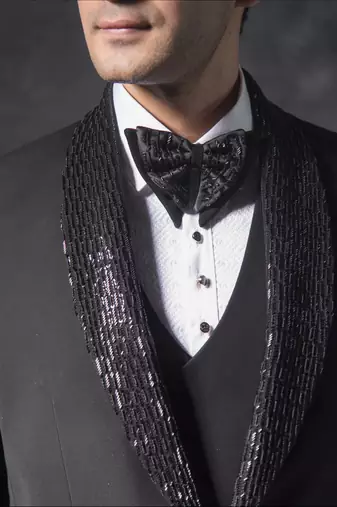 Black tuxedo suit with cutdana and pearl embroidery