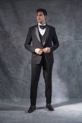Black tuxedo suit with pintex and swarovski detailing 1