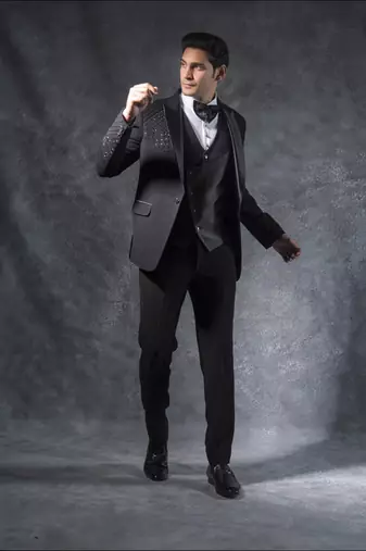 Black tuxedo suit with pintex and swarovski detailing