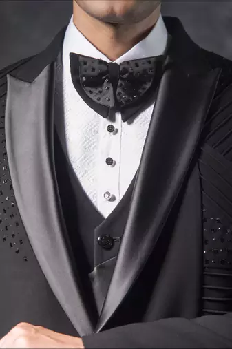 Black tuxedo suit with pintex and swarovski detailing