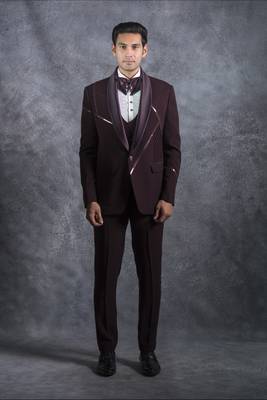 Wine tuxedo suit with metal and pintex detailing 1