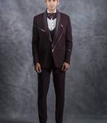 Wine tuxedo suit with metal and pintex detailing