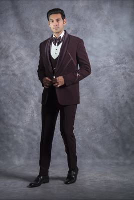 Wine tuxedo suit with metal and pintex detailing 2
