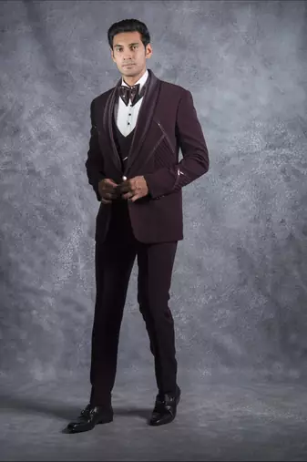 Wine tuxedo suit with metal and pintex detailing