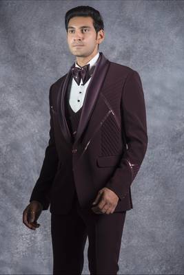 Wine tuxedo suit with metal and pintex detailing 3