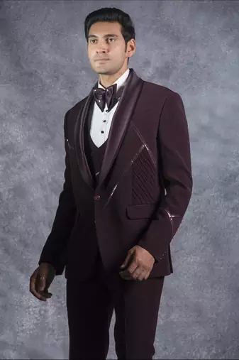 Wine tuxedo suit with metal and pintex detailing