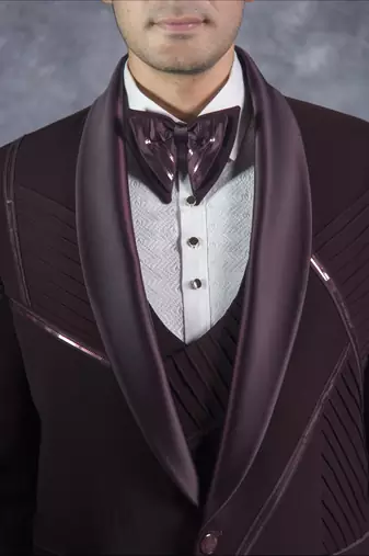Wine tuxedo suit with metal and pintex detailing