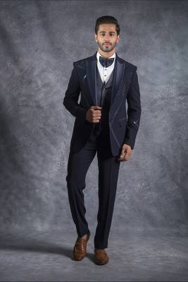 Navy blue tuxedo suit with swarovski embroidery 1