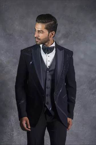 Navy blue tuxedo suit with swarovski embroidery