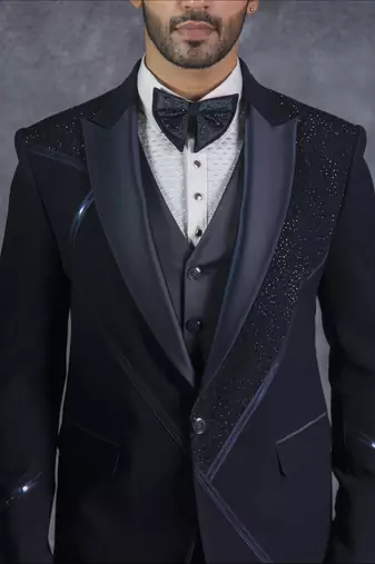Navy blue tuxedo suit with swarovski embroidery