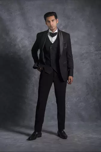 Black tuxedo suit on terry rayon fabric