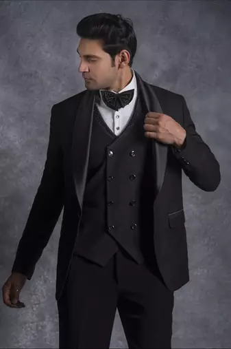 Black tuxedo suit on terry rayon fabric
