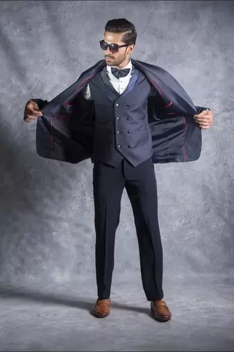 Navy tuxedo suit on terry rayon fabric