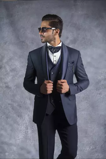 Navy tuxedo suit on terry rayon fabric