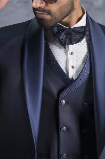 Navy tuxedo suit on terry rayon fabric