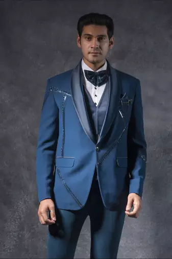 Teal blue tuxedo suit with metal strip detailing