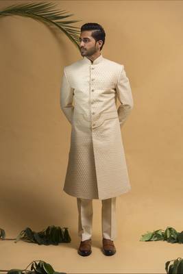 Beige Silk Sherwani for Wedding Featuring Resham Embrodiery 1