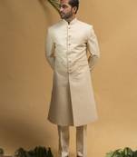 Beige Silk Sherwani for Wedding Featuring Resham Embrodiery