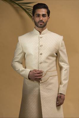Beige Silk Sherwani for Wedding Featuring Resham Embrodiery 2