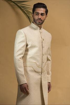 Beige Silk Sherwani for Wedding Featuring Resham Embrodiery 3