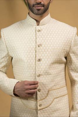 Beige Silk Sherwani for Wedding Featuring Resham Embrodiery 4