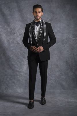 Black zardosi embroidered tuxedo suit 1
