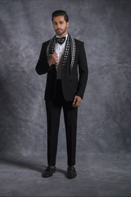Black zardosi embroidered tuxedo suit 2
