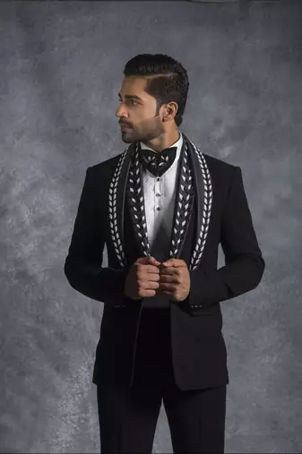 Black zardosi embroidered tuxedo suit
