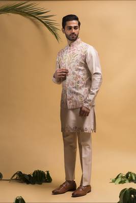Rose gold resham and sequins hand embroidered nehru jacket  set 1
