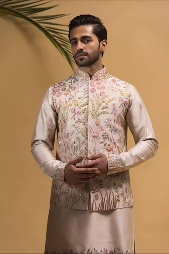 Rose gold resham and sequins hand embroidered nehru jacket  set